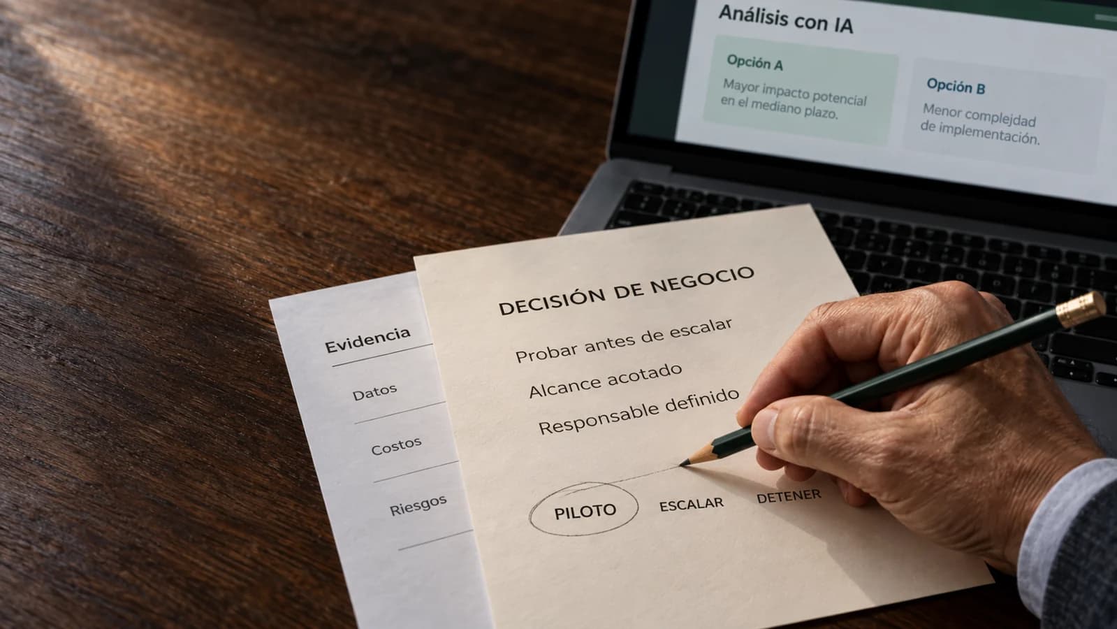 Una mano elige un piloto en un documento de decisión de negocio, junto a evidencia y alternativas analizadas con IA.